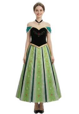Women's Frozen Princess Cosplay Costume Green Striped Skirt and Black Velvet Off-Shoulder Top for Halloween