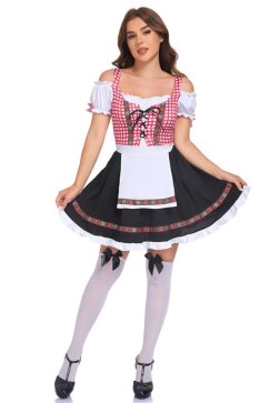 Women's Traditional Oktoberfest Dirndl Dress Red Gingham Lace-Up Bodice with Attached White Apron and Puff Sleeves Halloween Costume