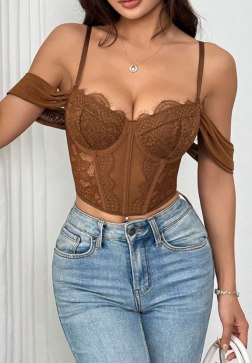 Sexy Floral Lace Overbust Bustier with Ruffled Draped Arm Sleeves