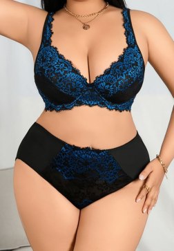 Plus Size Black and Royal Blue Floral Lace Bra and High-Waisted Panty Set