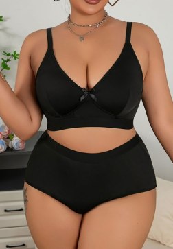 Women's Plus Size Solid Color Deep V Lingerie Two-Piece Set