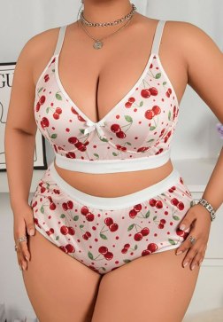 Plus Size Cherry Print Longline Bralette and High-Waisted Brief Set