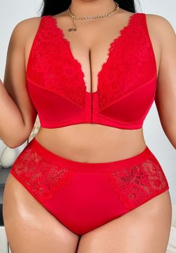 Sexy Plus Size Lace Trim Push Up Bralette and High-Waisted Panty Two Piece Set