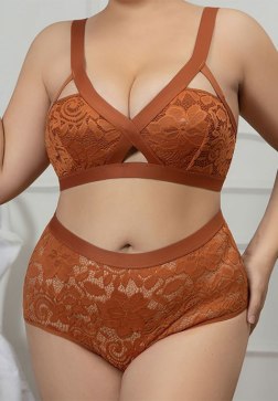 Plus Size Rust Orange Floral Lace Strappy Cutout Wireless Bra and Panty Set