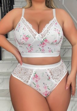 Plus Size Women's Plus Size Sheer Lace Side Panel Floral Printed Bra and Panty Set