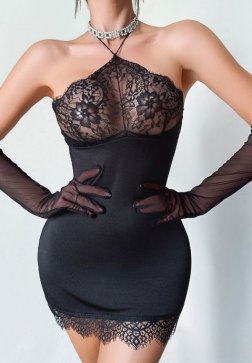 Women's Black Halter Lace Chemise Dress Set with Matching Sheer Mesh Gloves